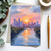 Stadsgezicht Zonsondergang Aquarel Schilderij Kaar