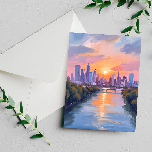 Stadsgezicht Zonsondergang Aquarel Schilderij Kaar