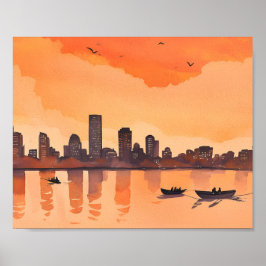 Stadsgezicht Zonsondergang | Oranje Stedelijke Sil Poster