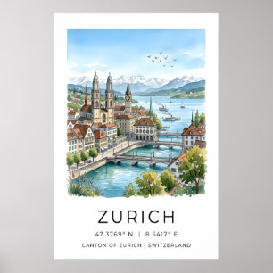 Stadsgezicht Zürich Print Zwitserse Reisillustrati