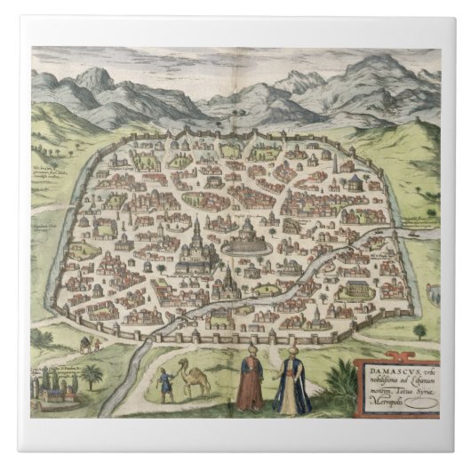 Stadskaart Damascus, Syrië, 1620 (graving) Tegeltje (Voorkant)