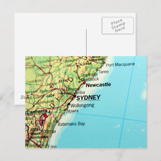 Stadskaart van Sydney in Australië Briefkaart (Voorkant / Achterkant)
