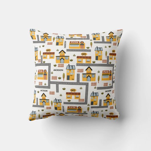 Stadskaartpatroon voor kinderen Geel en grijs Kussen (Achterkant)