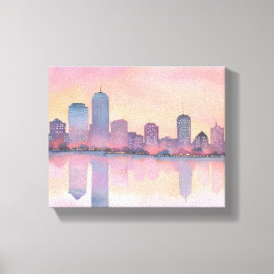 Stadspanorama bij pastel zonsondergang   Waterverf Canvas Afdruk