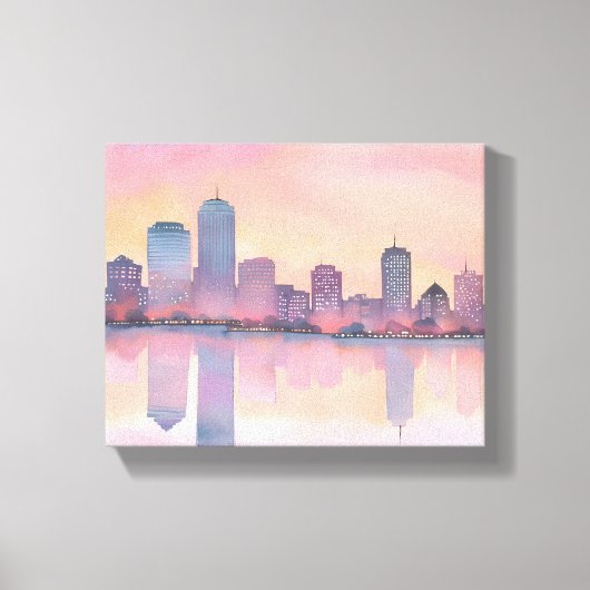 Stadspanorama bij pastel zonsondergang | Waterverf Canvas Afdruk (Voorkant)