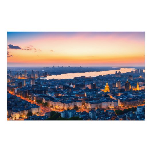 Stadspanorama bij zonsondergang foto afdruk (Voorkant)