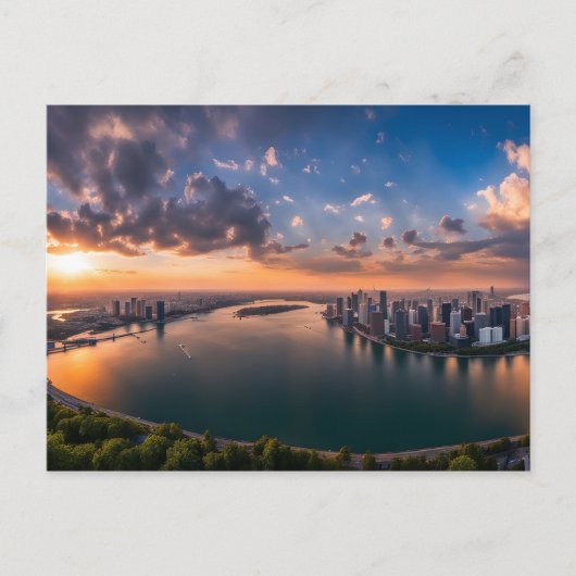 Stadspanorama in zonsondergang briefkaart (Voorkant)