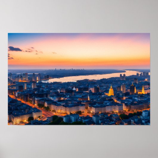 Stadspanorama in zonsondergang poster (Voorkant)