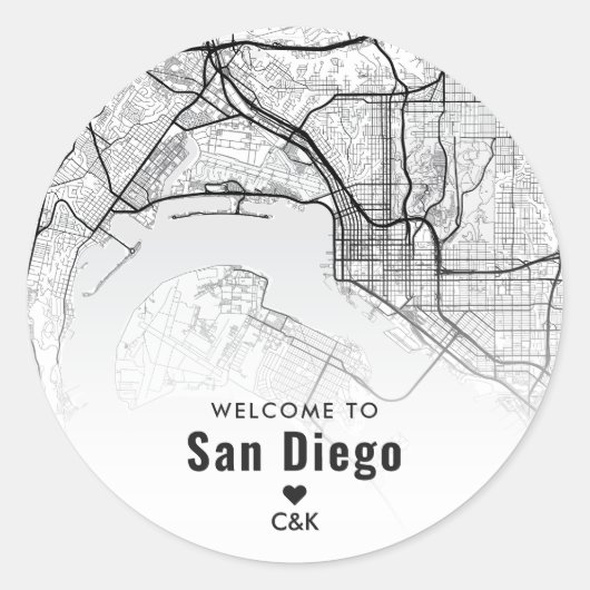 Stadsplattegrond San Diego | Bruiloft Welkom Ronde Sticker (Voorkant)