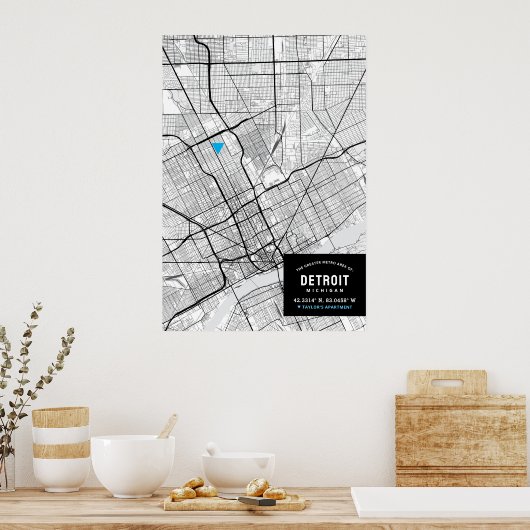 Stadsplattegrond van Detroit, Michigan + Markeer u Poster (Keuken)