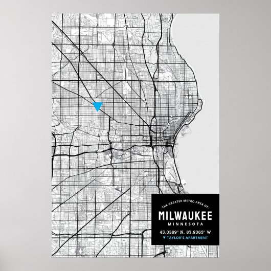 Stadsplattegrond van Milwaukee + Markeer uw locati Poster (Voorkant)