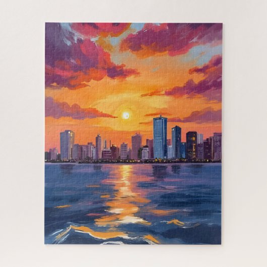 Stadsprofiel Zonsondergang Aquarel Kunst Legpuzzel (Verticaal)