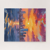 Stadsprofiel Zonsondergang Aquarel Kunst Legpuzzel (Horizontaal)