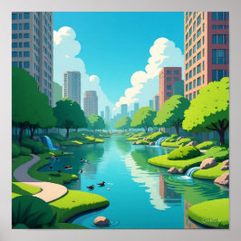 Stadsretraite met hoge bomen poster