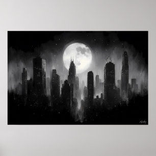 Stadssilhouet bij maanlicht met volle maan - Zwart Poster