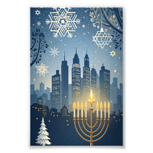 Stadssilhouet Menorah Hanukka Kaart Foto Afdruk