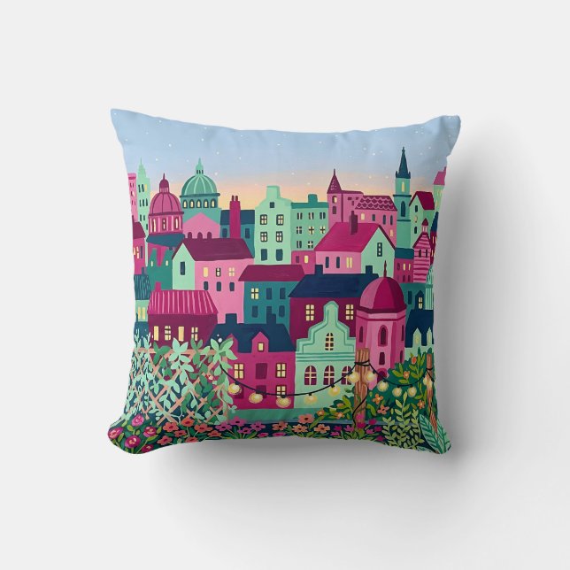 Stadssilhouet Worpkussen – Fuchsia & Mint Kussen (Voorkant)