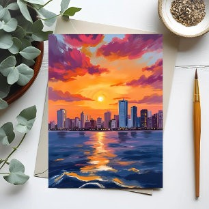 Stadssilhouet Zonsondergang Aquarel Briefkaart