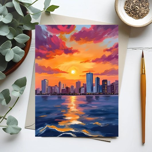 Stadssilhouet Zonsondergang Aquarel Briefkaart