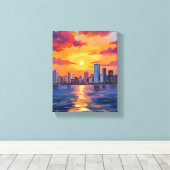 Stadssilhouet Zonsondergang Aquarel Canvas Afdruk (Insitu (Houten vloer))
