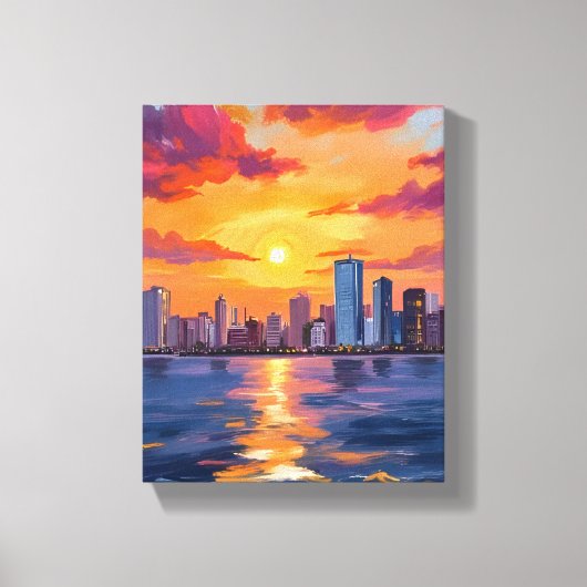 Stadssilhouet Zonsondergang Aquarel Canvas Afdruk (Voorkant)
