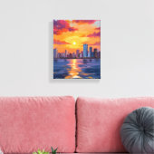 Stadssilhouet Zonsondergang Aquarel Canvas Afdruk (Insitu (Woonkamer))