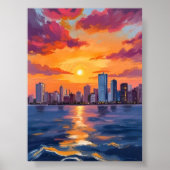 Stadssilhouet Zonsondergang Aquarel Kunst Poster (Voorkant)