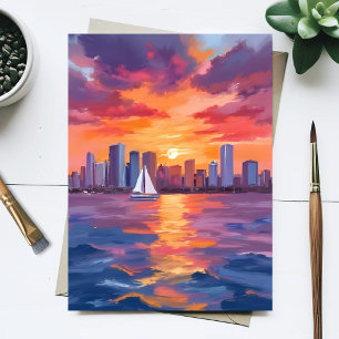 Stadssilhouet Zonsondergang Reflectie Aquarel Schi Briefkaart