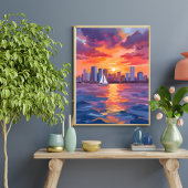 Stadssilhouet Zonsondergang Reflectie Aquarel Schi Poster