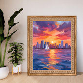 Stadssilhouet Zonsondergang Reflectie Aquarel Schi Poster
