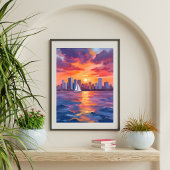 Stadssilhouet Zonsondergang Reflectie Aquarel Schi Poster