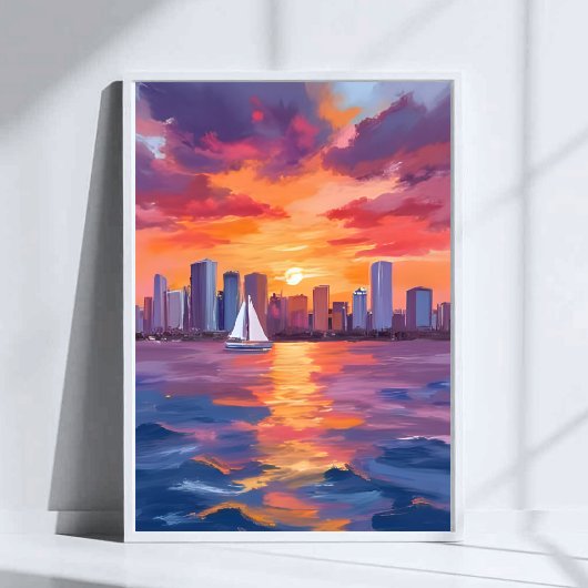 Stadssilhouet Zonsondergang Reflectie Aquarel Schi Poster