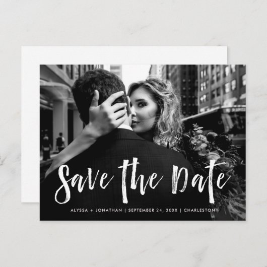 stadsstijl | Wit script en foto's slaan de datum o Uitnodiging Briefkaart (Voorkant / Achterkant)