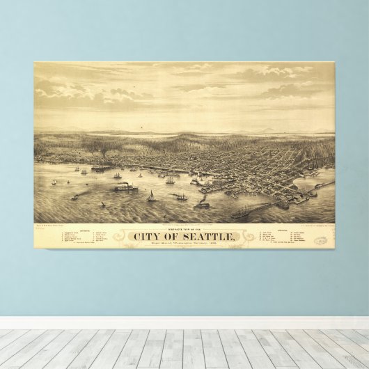 Stadt van Seattle Puget Sound Washington Map (1878 Canvas Afdruk (Insitu (Houten vloer))
