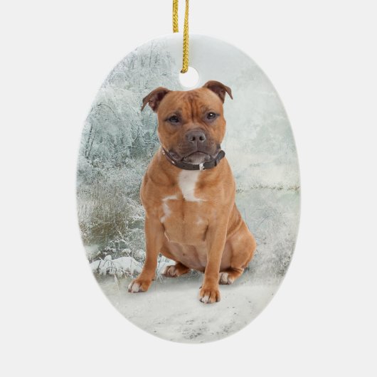 Staffie kerstversiering keramisch ornament (Achterkant)