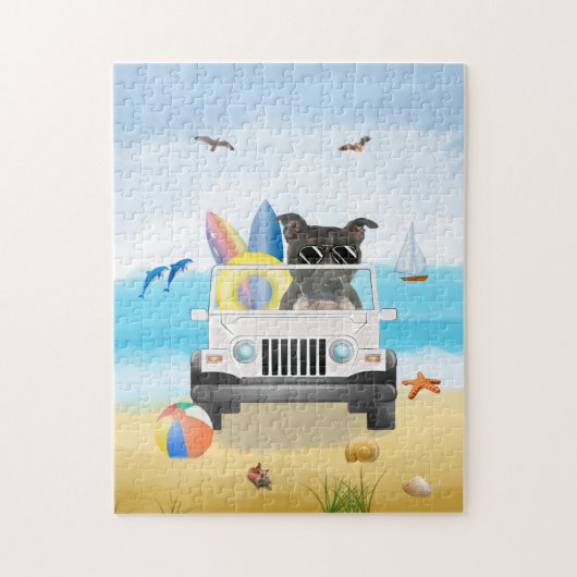 Staffordshire Bull Terre Dog Rijden op strand Legpuzzel (Verticaal)