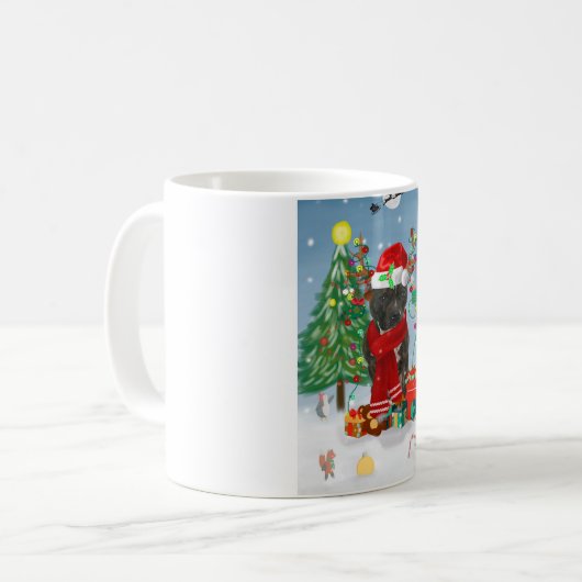 Staffordshire Bull Terrier Dog in Snow met Kerstmi Koffiemok (Voorkant links)