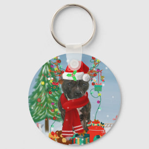 Staffordshire Bull Terrier Dog in Snow met Kerstmi Sleutelhanger