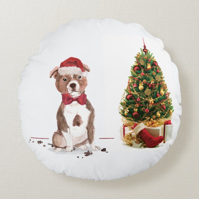 Staffordshire Bull Terrier Funny Kersthond Rond Kussen (Voorkant)