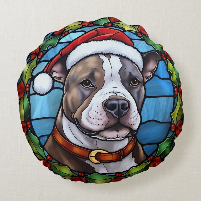 Staffordshire Bull Terrier Glas in lood Kerst Rond Kussen (Achterkant)
