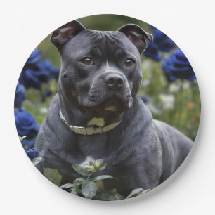 Staffordshire Bull Terrier in blauwe rozentuin,  Papieren Bordje