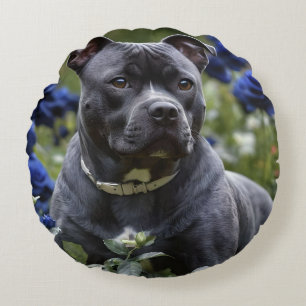 Staffordshire Bull Terriër in Blue Roos Garden, Rond Kussen