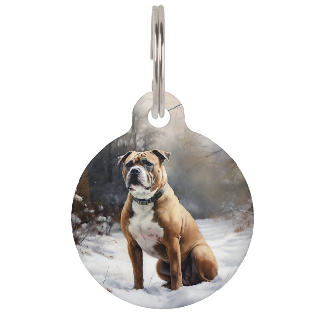 Staffordshire Bull Terrier Laat het Sneeuwen Kerst Huisdierpenning (Voorkant)