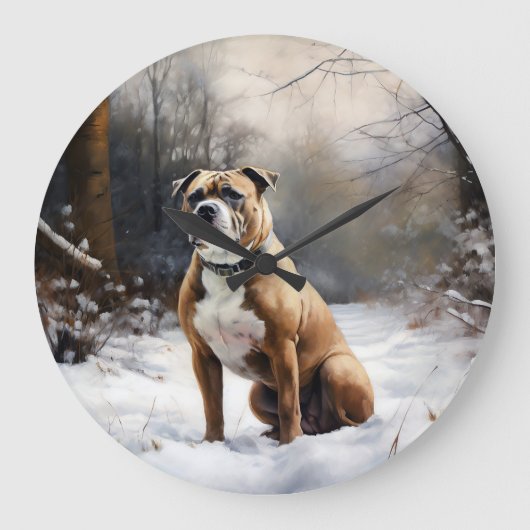 Staffordshire Bull Terrier laat het sneeuwKerstmis Grote Klok (Voorkant)