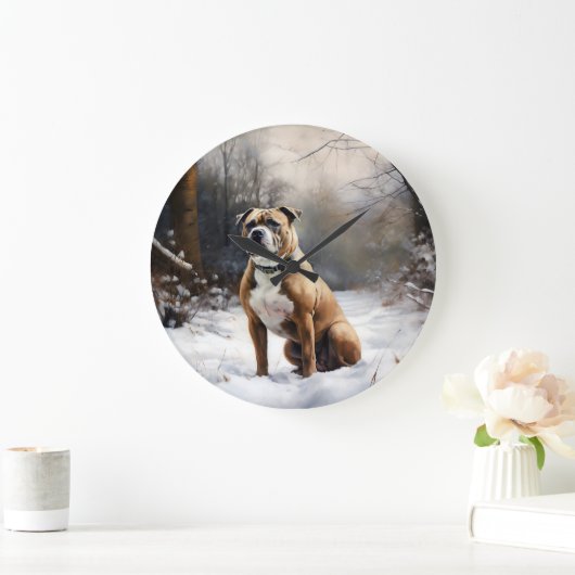 Staffordshire Bull Terrier laat het sneeuwKerstmis Grote Klok (Huis)