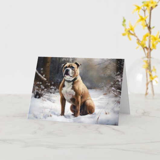 Staffordshire Bull Terrier laat het sneeuwKerstmis Kaart (Gele Bloem)