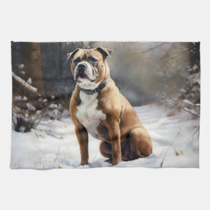Staffordshire Bull Terrier laat het sneeuwKerstmis Theedoek