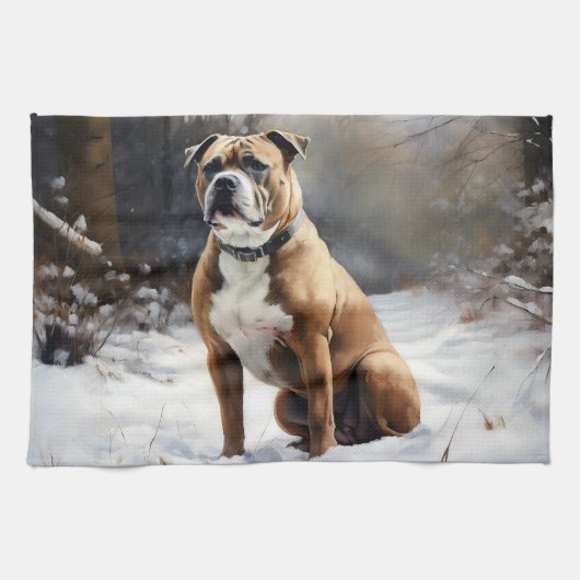 Staffordshire Bull Terrier laat het sneeuwKerstmis Theedoek (Horizontaal)