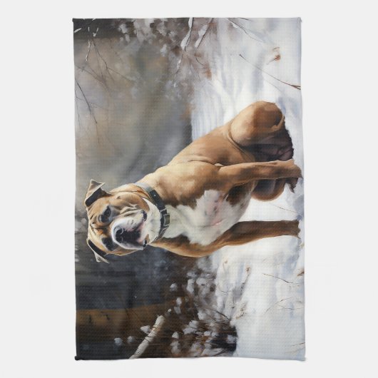 Staffordshire Bull Terrier laat het sneeuwKerstmis Theedoek (Verticaal)