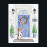 Staffordshire Bull Terrier Moving Announcement Briefkaart<br><div class="desc">Maak uw nieuwe adres bekend met onze stijlvolle aankondiging met een Staffordshire Bull Terrier,  een blauwe voordeur aan de voorzijde,  een welkome mat,  een leistoets,  een topiaries en een florale poep op een grijze achtergrond.</div>